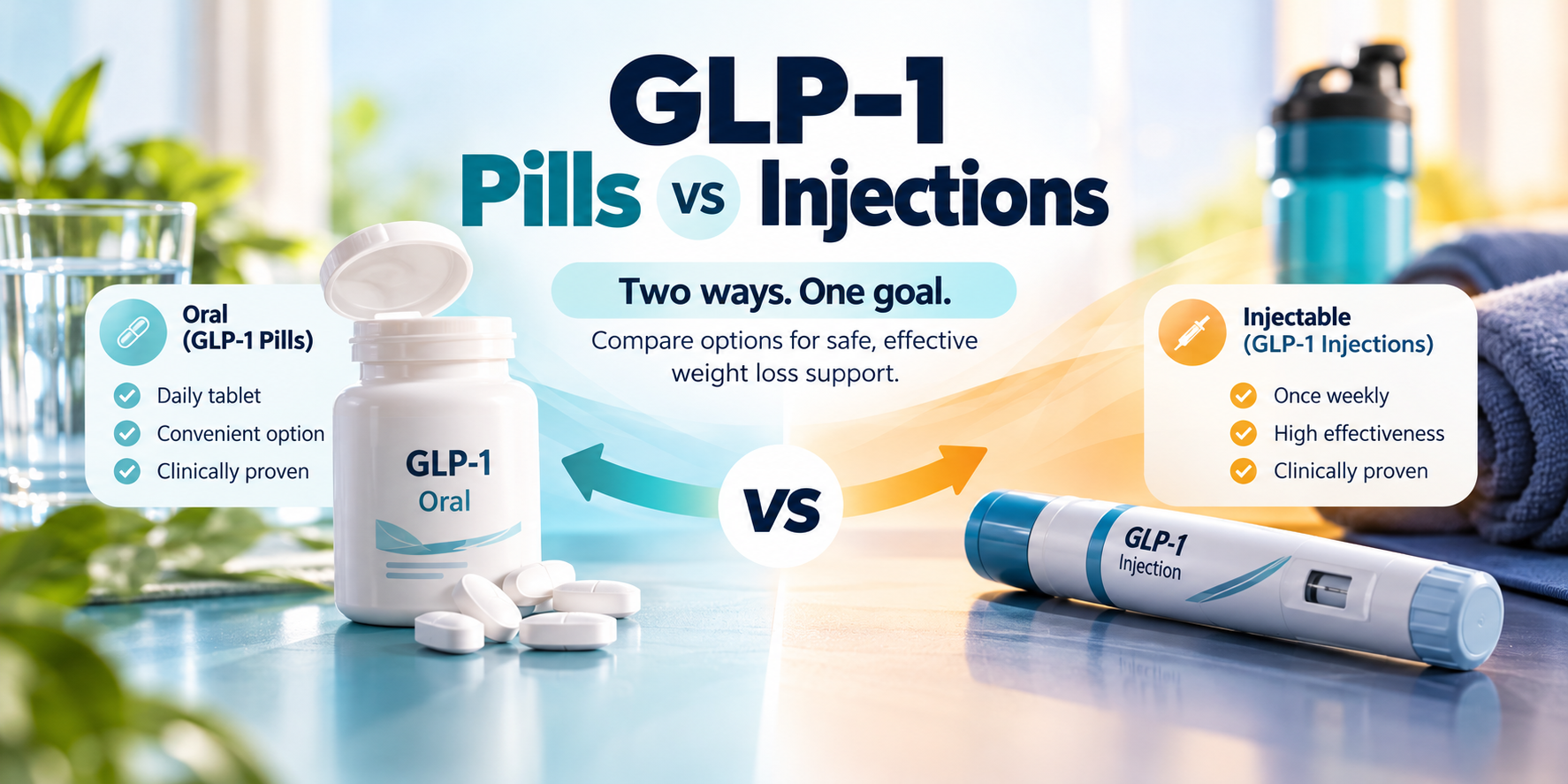 GLP-1 pills vs injections comparison showing oral tablets and injectable GLP-1 medication