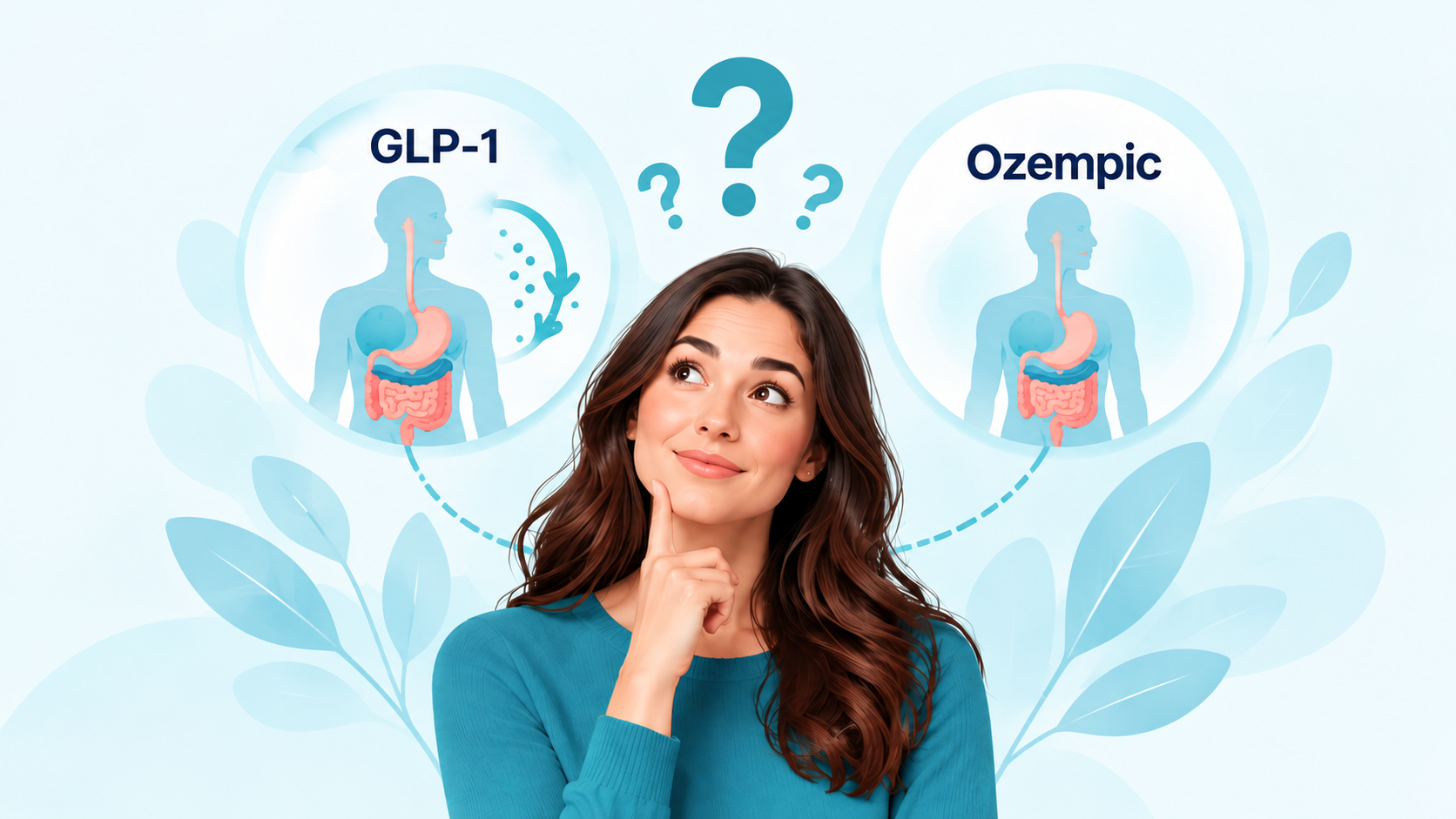 GLP-1 vs Ozempic comparison illustration showing GLP-1 signaling and digestive health
