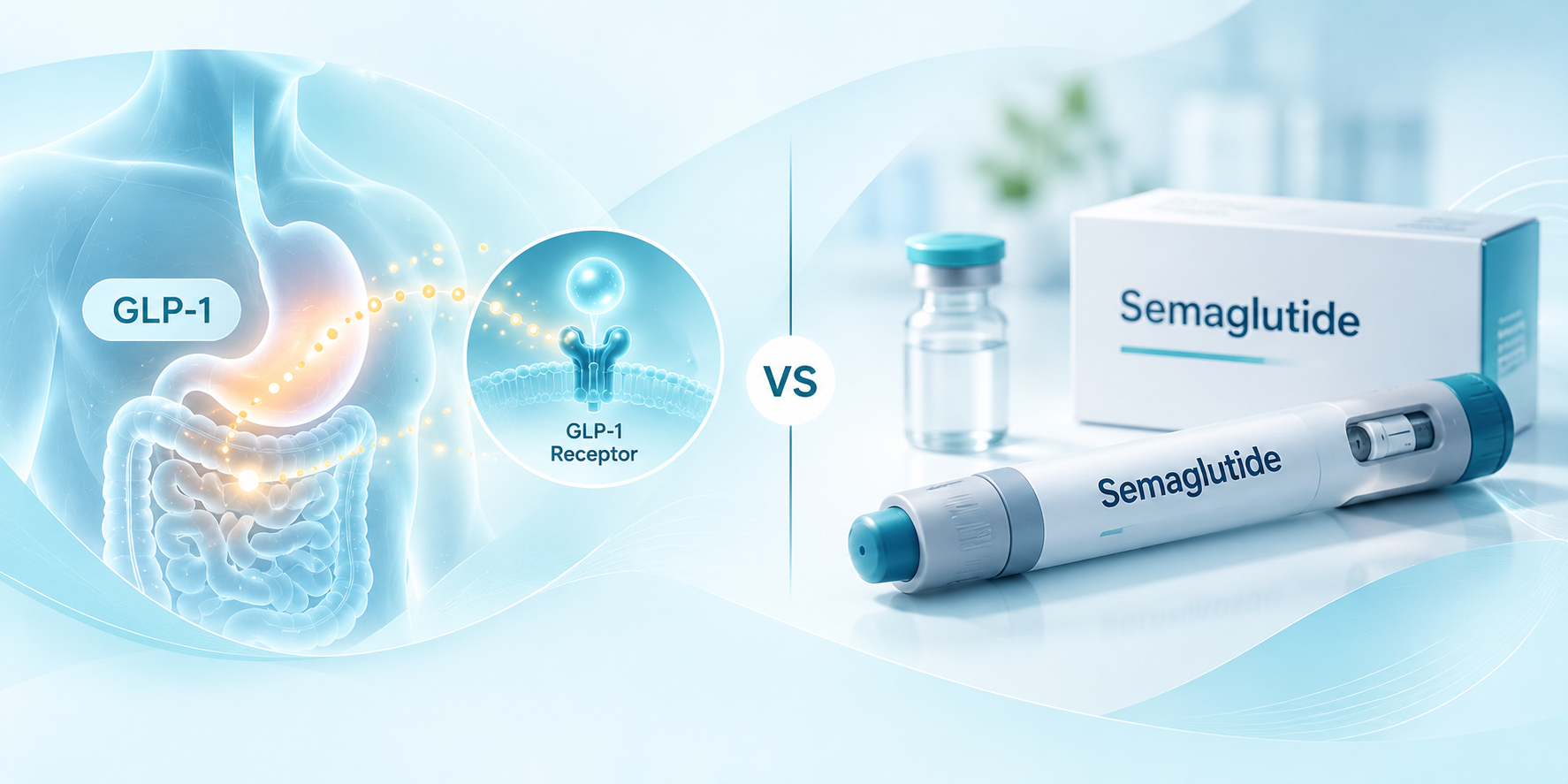 GLP-1 vs semaglutide comparison illustration showing GLP-1 receptor activity and semaglutide medication