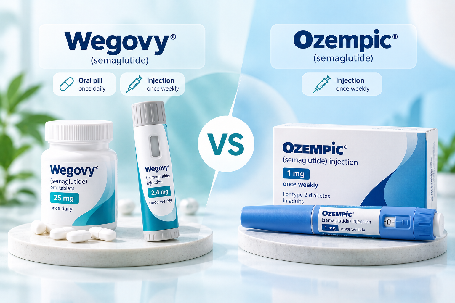 Wegovy vs Ozempic comparison showing Wegovy oral and injectable formulations alongside Ozempic injection